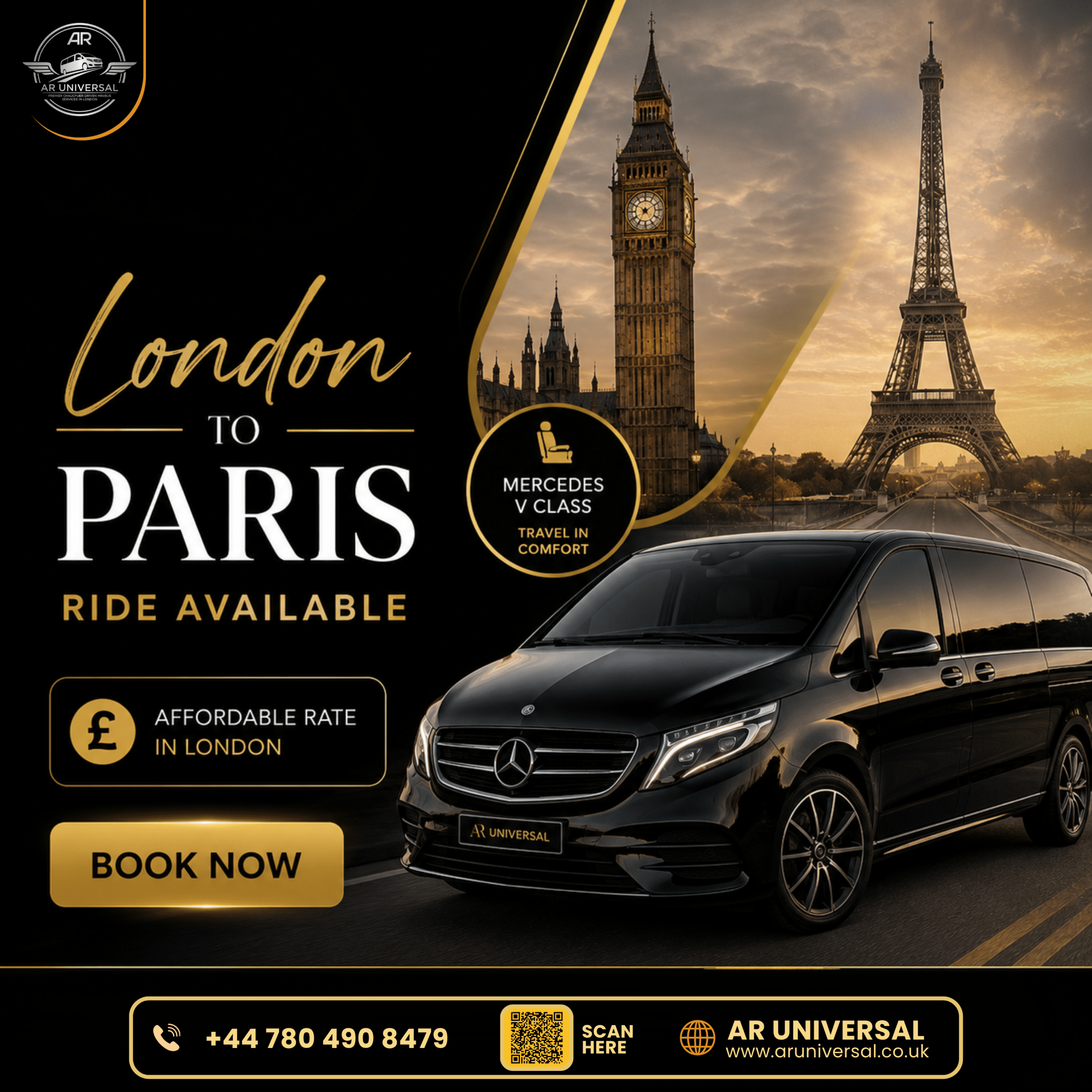 Book a rideshare London to Paris with AR Universal. Enjoy Mercedes V-Class comfort, affordable rates and professional chauffeur service.